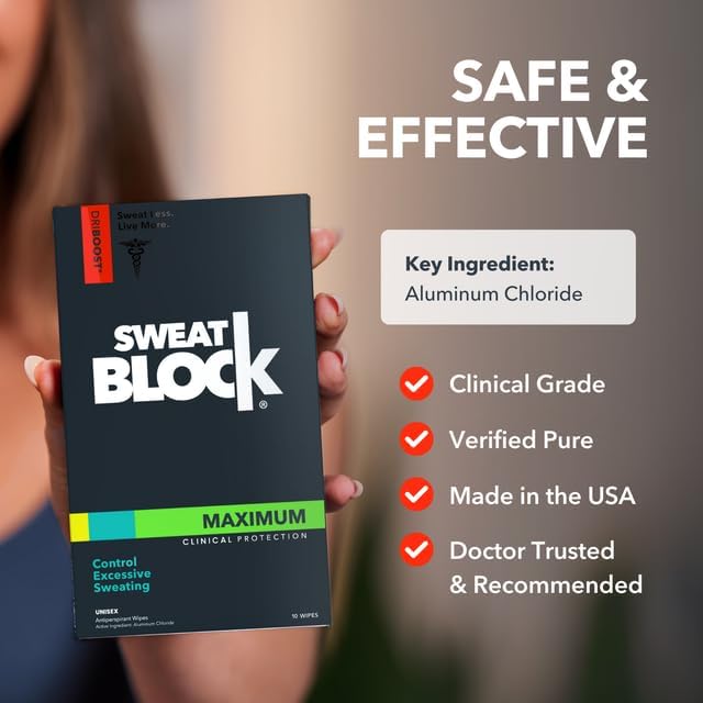 SweatBlock Antiperspirant Wipes - Maximum Clinical Strength - Treat Hyperhidrosis & Excessive Sweating for Men, Women, & Teens - up to 7 Days Protection Per Wipe - Dermatologist Tested - 20 Wipes
