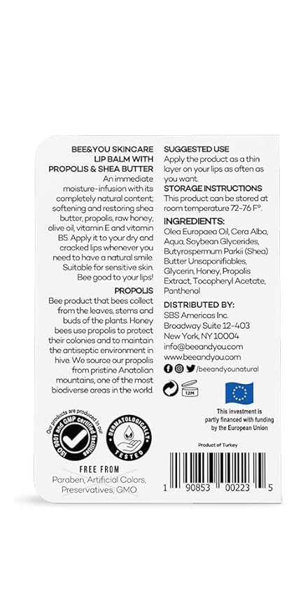 Bee and You Ultra Conditioning, 100% Natural, Moisturizing Lip Balm, Chapstick, Chapped Lips Treatment Severe, Beeswax, Propolis Extract, Raw Honey, Vitamin E, Shea Butter, 10ML