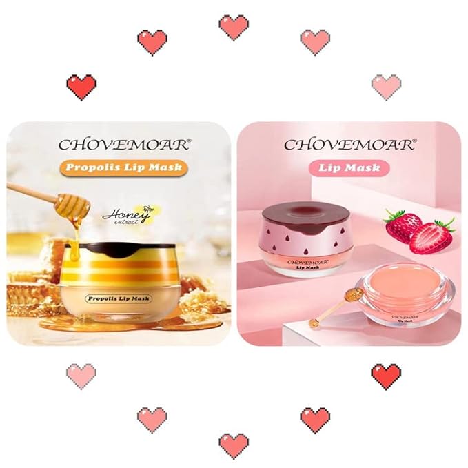 4PCS Nourishing Bee Lip Balm Honey Pot, Honey & Strawberry Lip Mask Moisturizing Lip Balm with Brush, Hydrating & Prevention Dry and Cracked Lips Reduces Lip Lines Lip Care Product