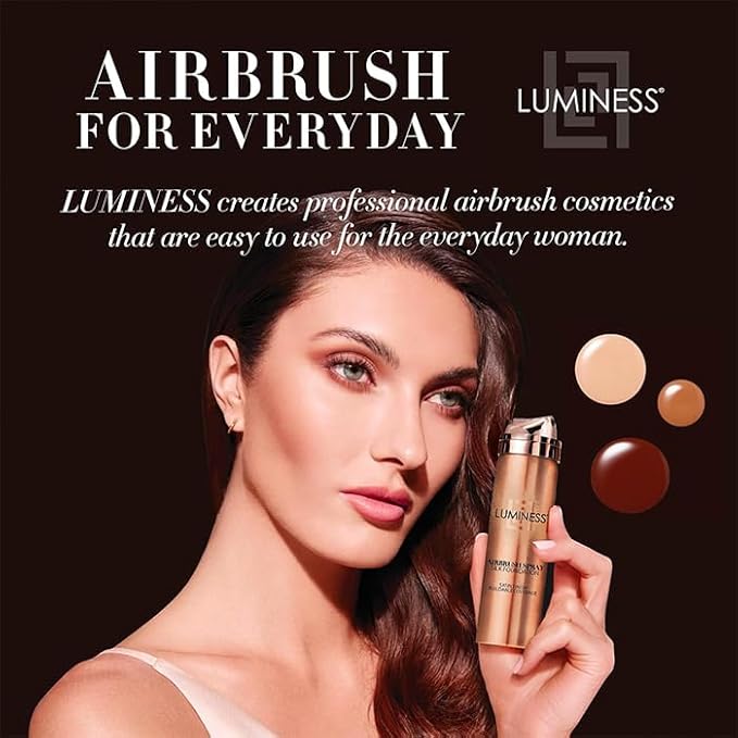 LUMINESS Silk Airbrush Spray Foundation 2-PC Kit - Foundation & Dual-Sided Angled Makeup Brush - Buildable Coverage, Anti-Aging Formula, Humidity Resistant, Hydrates & Moisturizes, Medium