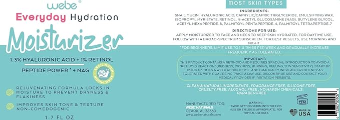 WEBE Hydration Snail Mucin Moisturizer – Hydrating Face Cream with Hyaluronic Acid, Retinol & Peptides for Smoother, Youthful-Looking Skin