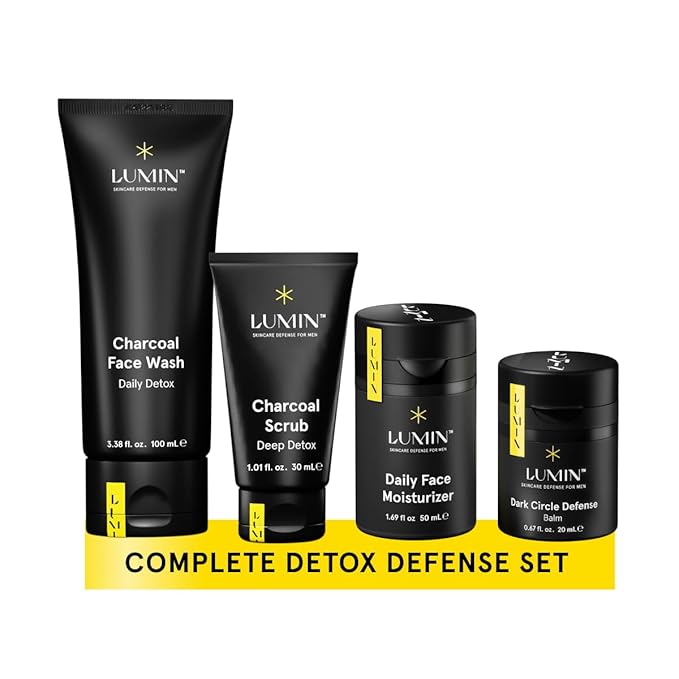 Lumin - Class Act Bundle - Men's Skincare Kit, Includes: Charcoal Face Wash Daily Detox, Charcoal Scrub Deep Detox, Daily Face Moisturizer & Dark Circle Defense Balm, Suitable For All Skin Types
