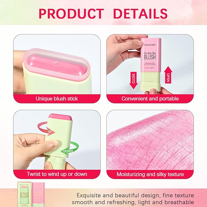 Multi-Use Makeup Blush Stick, Cream Blush Stick, Tinted Solid Moisturizer Stick for Cheek & Eyes & Lips, Waterproof Natural Nude Makeup, Suitable for All Skin (2#Hot Red)
