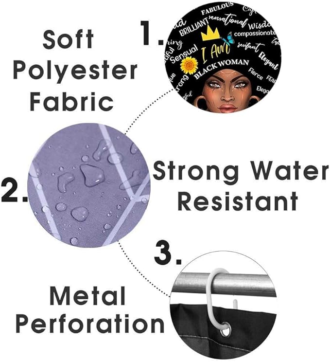 4PCS African American Black Girl Shower Curtain Sets with Rugs, Black Shower Curtain, Afro Black Woman Sunflower Bathroom Decor, Non-Slip Bath Mat, Motivational Inspirational Gifts for Women