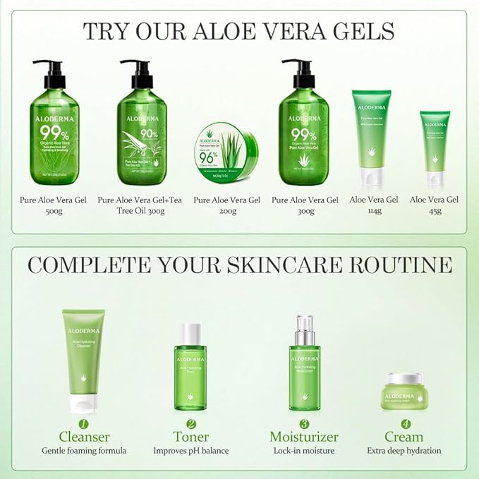 Aloderma 99% Organic Aloe Vera Gel Made within 12 Hours of Harvest - Pump Bottle - Lightweight Aloe Gel for Face and Body, Soothing and Hydrating Sunburn Relief, Great for Scalp & Hair - 6 x 10.6oz