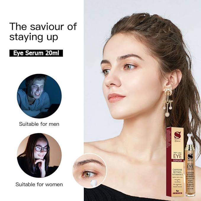 Caffeine Eye Serum Anti Aging, Retinol Eye Serum with 360° Massage Ball for Dark Circles and Puffiness, Deeply Moisturizing, Firms and Lifts Eye Skin, Enhance Skin Elasticity, Smooth Fine Lines