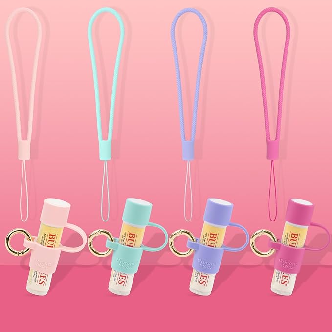 Desing Wish 2 PCS Silicone Lip Balm Holder with Cap Cover Portable Chapstick Holder Keychain Sleeve Lip Balm Key Chain with Key Ring and Wrist Strap Lanyard - Pink/Purple