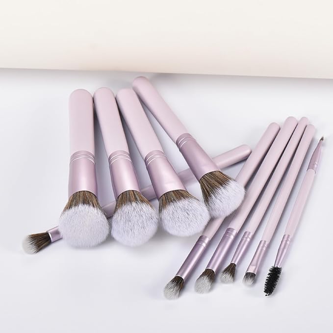Gift Ready 10 Piece Purple Makeup Brushes Set and 2 Piece Makeup Sponge – Wooden Handle with Soft Synthetic Bristles, Concealer, Powder – (Ideal for Christmas, Birthday, Women)