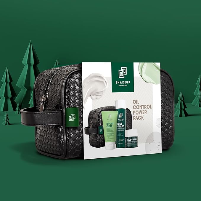Shakeup - 4-Piece Mens Oil Control Skincare Gift Set, Oily & Acne Skin, Clay Face Wash, Clarifying Toner, Matte-Effect Moisturiser, Plus Wash Bag