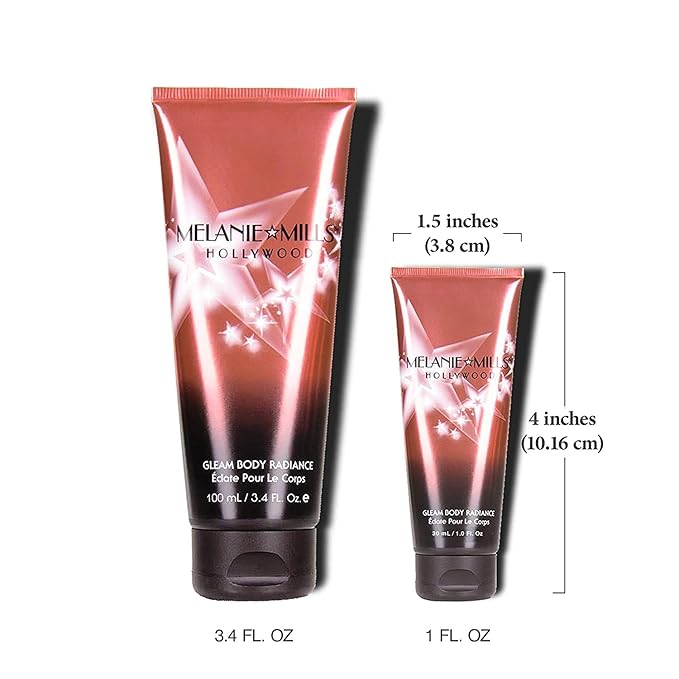 Melanie Mills Hollywood Gleam Body Radiance All In One Makeup, Moisturizer & Glow For Face & Body - Peach Deluxe, Mini 1 fl.oz.