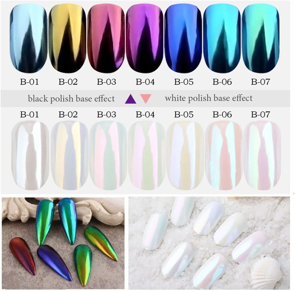 7 Colors Chrome Nail Powder Aurora Metallic Holographic Mirror Effect Dip Nail Powder Kit, White Pearl Iridescent Shell Powder Glitter Nail Art Pigment Manicure for Nails