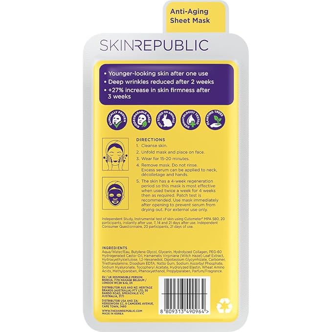 Skin Republic Collagen Infusion Sheet Mask. Clinically Proven to Reduce Deep Wrinkles After 2 Weeks. Made in Korea. 3 Pack.