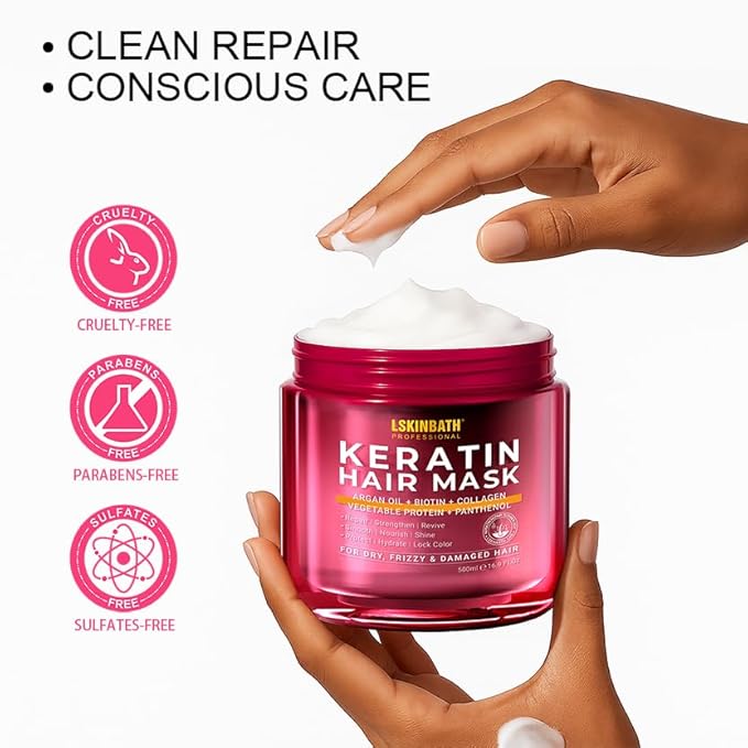 Keratin & Collagen Repair Hair Mask for Damaged Hair | Deep Conditioner Revives Dry, Frizzy, Bleached & Color-Treated Hair | With Argan Oil & Biotin | Treatment for Split Ends | 500ml
