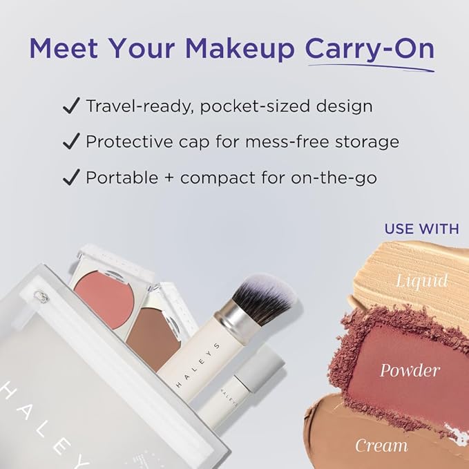 HALEYS Retractable Face Brush, VEGAN Dense, Angled Bristles & Adjustable Sleeve, Portable Makeup Brush for Quick, Easy Streak-Free Blending of Liquids, Creams, Powders, Travel-friendly Mess-Free Cap
