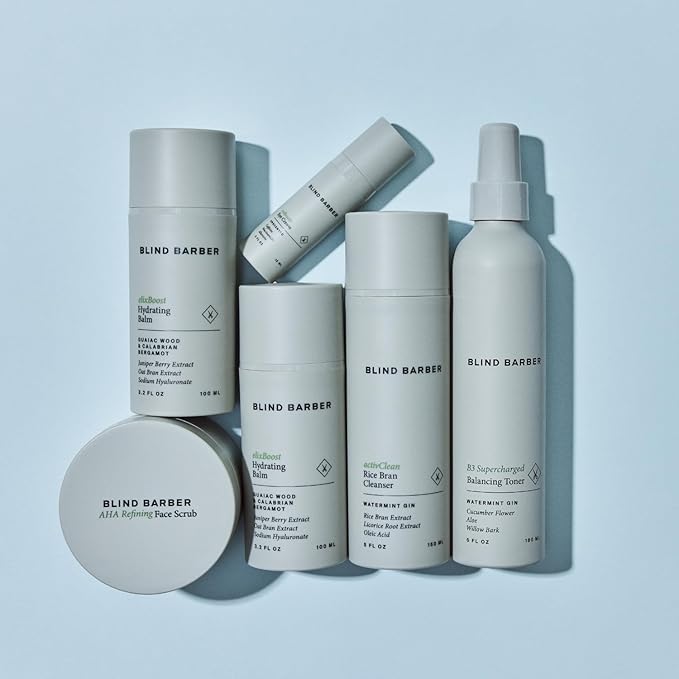 Blind Barber Regimen Skin Care Set - Face Scrub, Under Eye Cream, Supercharged Face Toner, Rice Bran Facial Cleanser & Hydrating Balm - 5 Mens Skin Care Products for Daily Use - (5 Count)