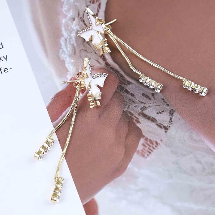 Vintage Crystal Butterfly Earrings Long Rhinestone Dangle Earrings Gold Chain Tassel Earrings Cz Butterfly Stud Earrings Jewelry for Women