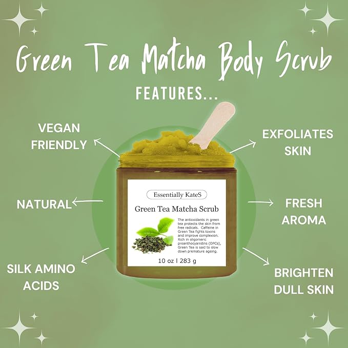 Green Tea Matcha Body & Foot Scrub 10 oz - A blend of matcha green tea extract, shea butter, and coconut oil for a soothing journey to a tranquil Zen garden - The best stocking stuffer