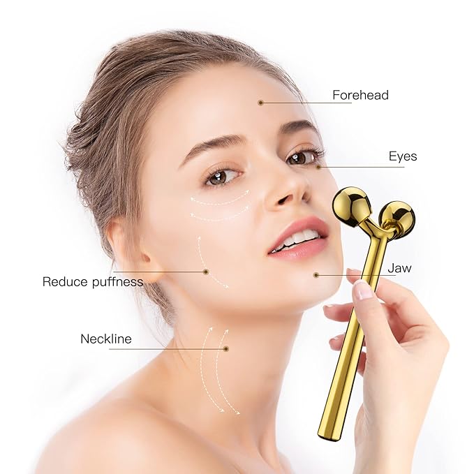 Tekson Facial Roller Massager, 3D Metal face Massage Tool for Eye Reduce Puffiness, Face Lift, Anti-Aging, Skin Tightening (Gold)