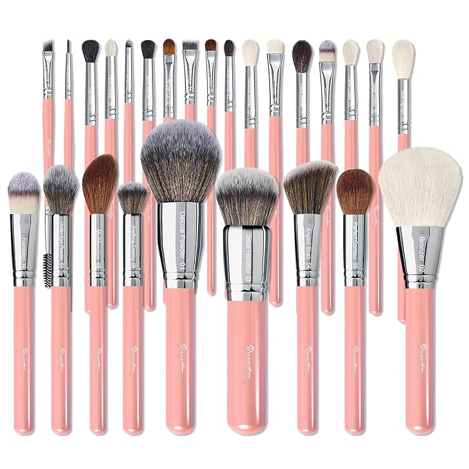 Bueart Design Makeup Brushes Set 26pcs Real Natural Goat Hair Professional labeled Foundation Face Blending Blush Concealers Eyeshadow Brush Set(26Pcs Pearl Pink)