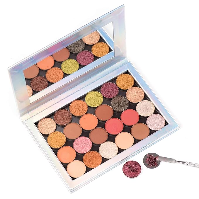 56Pcs Metal Stickers for Magnetic Palette Empty Eyeshadow Makeup Palette + Depotting Spatula (28Pcs Round + 28Pcs Square)