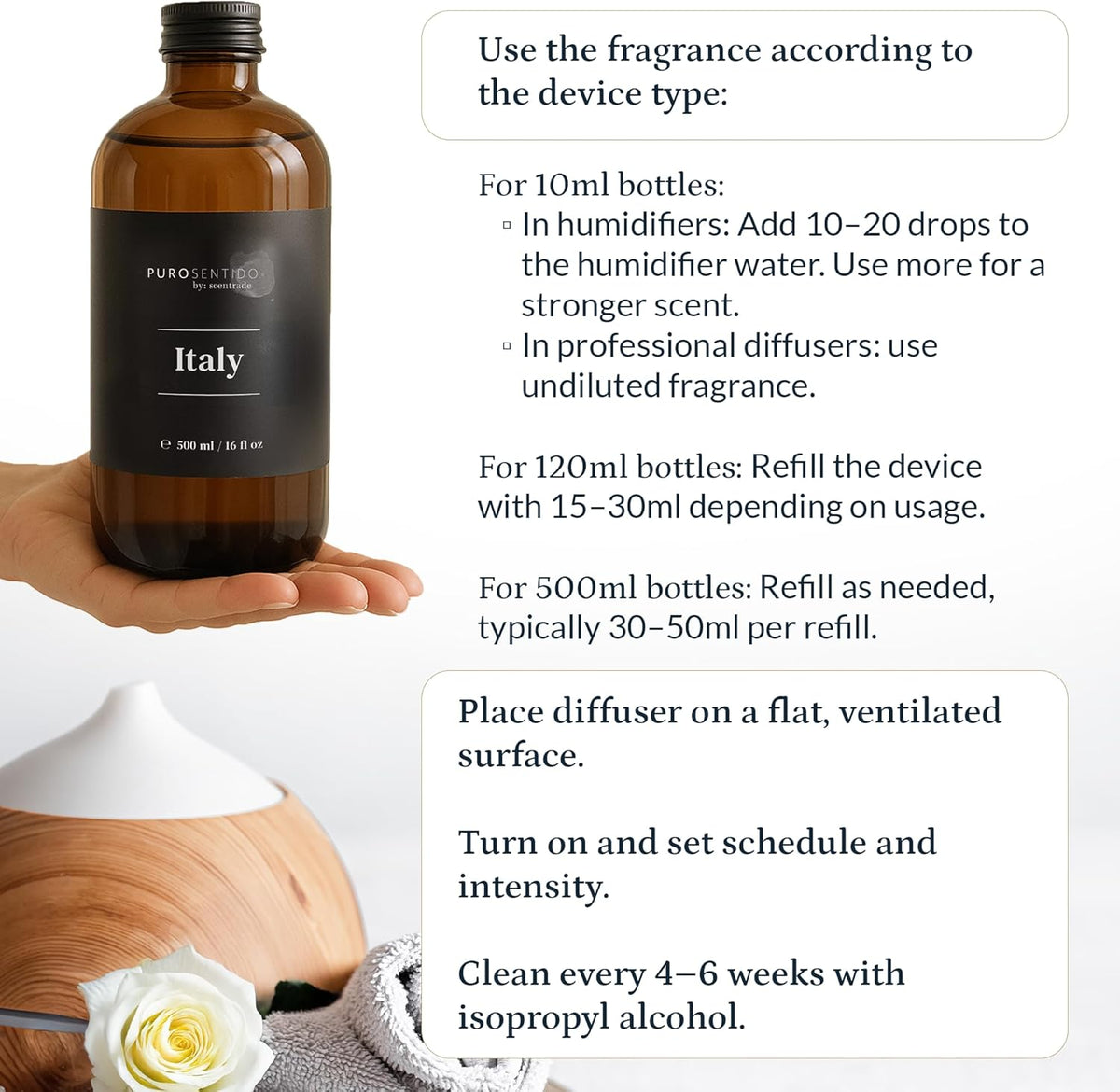 PuroSentido Italy Aroma Oil (120 ml) - Luxury Fragrance Oil for Diffusers and Humidifiers, Sicilian Lemon, White Rose & Musk Home, Hotel & Spa Scent
