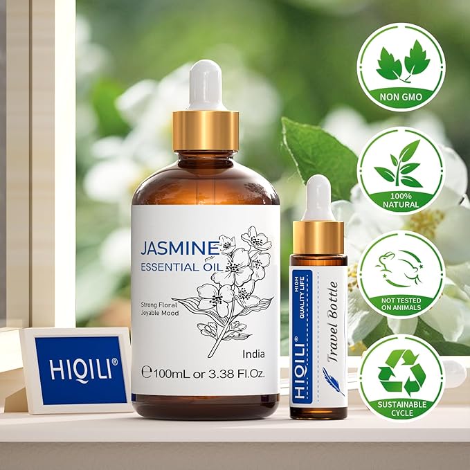 HIQILI Jasmine Essential Oil, Pure & Natural Jasmine Oil for Diffuser, Perfume, Shampoo, Aromatherapy