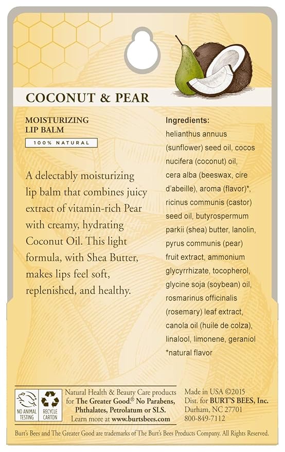 Burt's Bees Lip Balm Mothers Day Gifts for Mom - Coconut and Pear, Lip Moisturizer With Responsibly Sourced Beeswax, Tint-Free, Natural Origin Conditioning Lip Treatment, 2 Tubes, 0.15 oz.