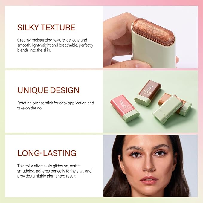 Blush Stick, Cream Blush Stick for Cheeks & Lips, Blendable Long-Lasting Multi-Use Contour Stick & Highlighter Makeup (RICH GLOW)