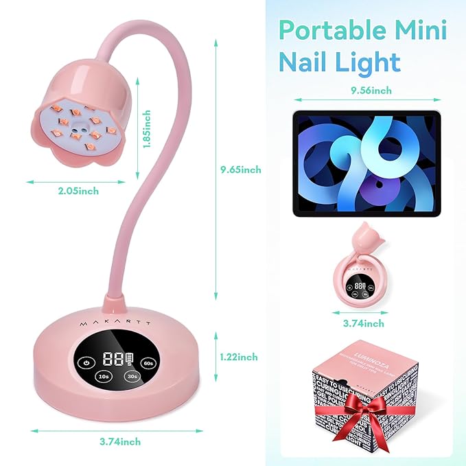 Makartt UV Nail Lamp: Flash Cure lamp UV Light for Gel Nails Polish Luminoza 30W Rechargeable LED Nail Dryer with 4 Timers & Auto Sensor Fast Curing Goosenecks Lamp for Home DIY Manicure (Pink)