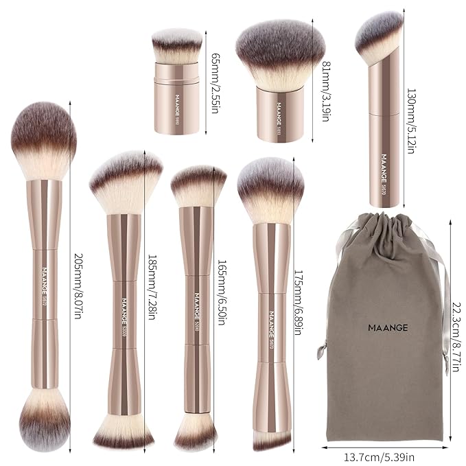 MAANGE 7pcs Makeup Brush Set Double Sided Kabuki Makeup Brushes Contour Brush for Foundation Liquid Powder Concealer Cream Cosmetics Bronzer Blending Blush Buffing Makeup Tools (Gold)