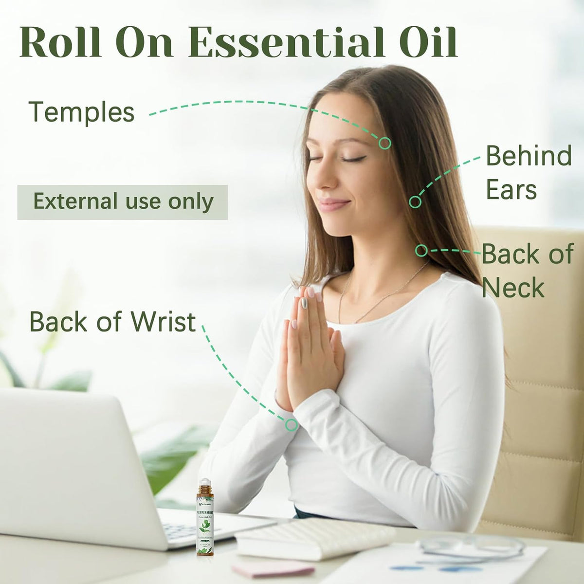 Peppermint Essential Oil Roll On, Natural & Prediluted Oil Blend Roller with Fresh Minty Aroma - Aromatherapy & Headache Relief