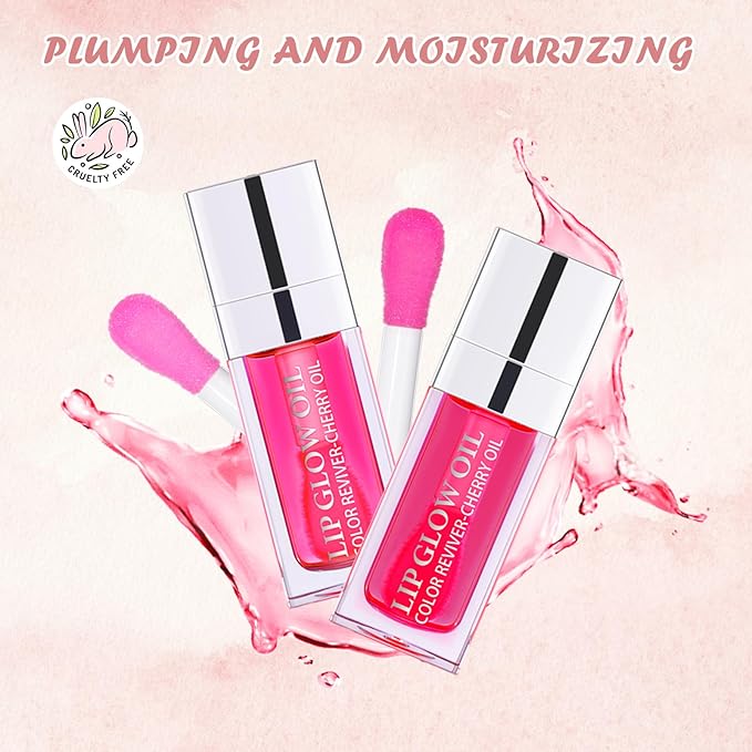 2PCS Lip Oil Set, Hydrating Lip Glow Oil Lip Plumper Gloss, Tinted Lip Oils Transparent Long Lasting Non-sticky Lip Gloss, Plumping Lip Gloss Lip Care Kit (Raspberry & Cherry)