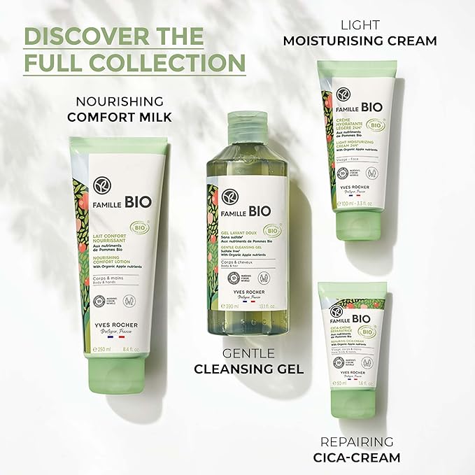 Yves Rocher Famille BIO Organic Cleansing Gel & Nourishing Comfort Milk Gift Set, Includes Vanity Bag, Apple Extract Botanical Formula, Organic Skin Care Products for Kids & Families