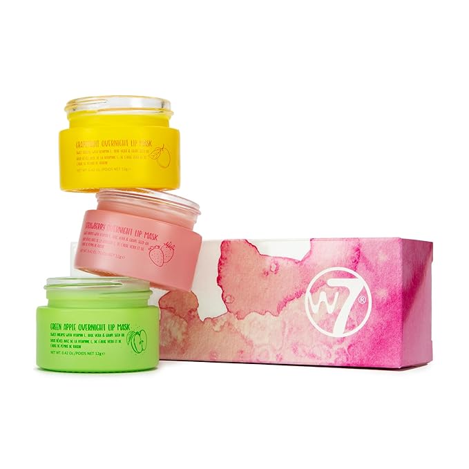 W7 Sweet Dreams Overnight Lip Mask Trio - Strawberry, Apple & Grapefruit Flavor 3 Pack - Vitamin E, Aloe Vera and Grape Seed Oil - For Hydrated, Full Looking & Irresistible Lips