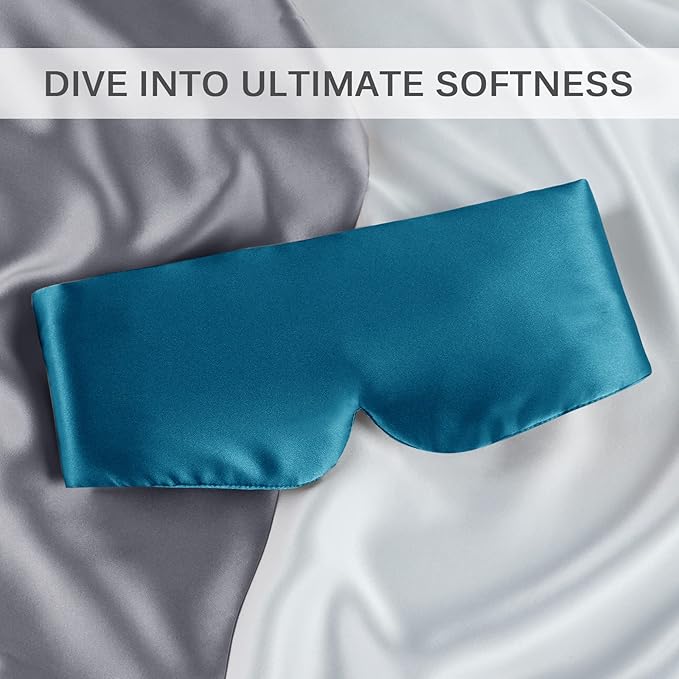 Zenssia 100% Mulberry Silk Sleep Mask Eye Mask for Man and Woman with Adjustable Headband, Full Size Large Sleep Mask & Blindfold for Total Blackout for All Night Sleep, Travel & Nap- Peacock Blue