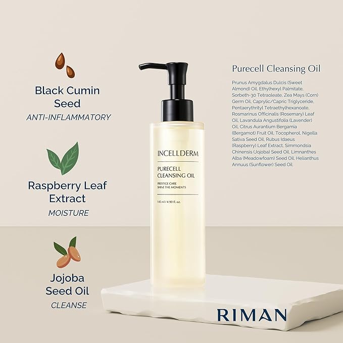 Riman Incellderm Purecell Cleansing Oil | 4.9 fl oz | Gentle Makeup Remover and Hydrating Cleanser | Lightweight and Non-Comedogenic | Suitable for Various Skin Types | Plant-Based Formula