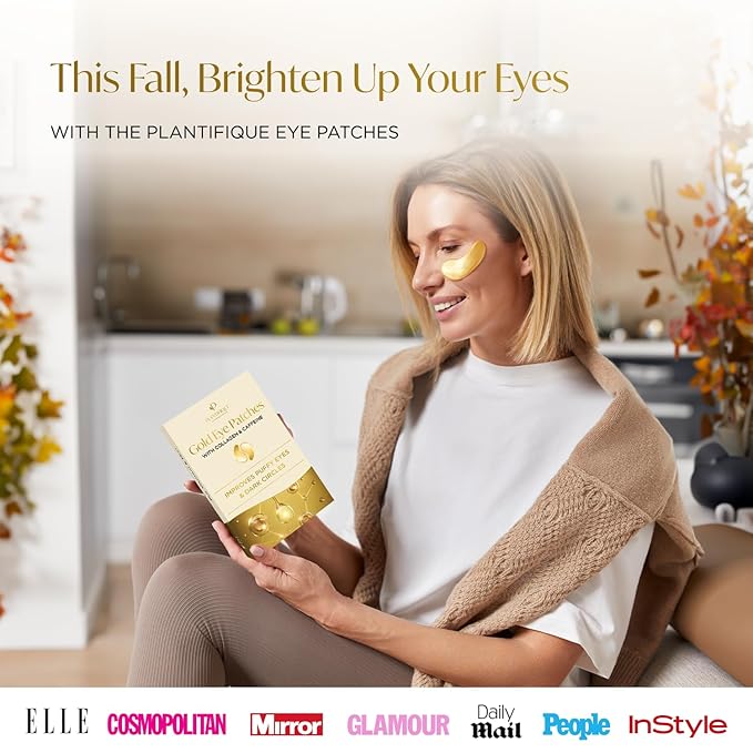 PLANTIFIQUE Gold Under Eye Patches for Puffy Eyes and Dark Circles 5 Pairs Under Eye Masks for Dark Circles and Puffiness Eye Gels with Collagen & Caffeine Eye Patches Gold Eye Mask Skincare