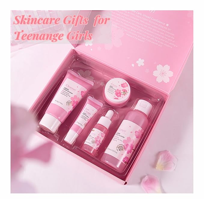 Korean Skin Care Set - Sakura Skin Care Sets & Kits - Women Gift Sets with Cleanser-Toner-Serum-Face Cream-Eye Cream - Skin Care Routine Kit for Women - Beauty Products Gift Box (SetB)
