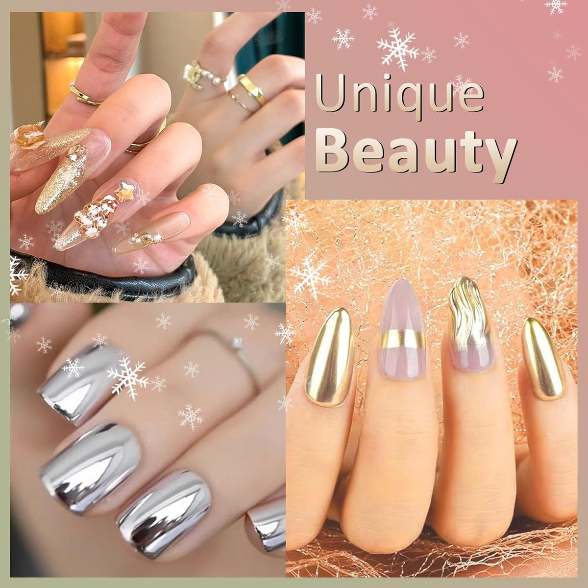 Allstarry Gold and Silver Chrome Nail Powder, 2 Colors Metallic Effect Mirror Gold Chrome Powder Pigment Shiny Holographic Manicure Pigment Siver Nail Fine Glitter Dust Kit for Nail Art