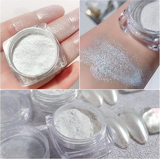 2Pcs Pearl Chrome Nail Powder - Ice Transparent Aurora, White Chameleon Iridescent Pigment for Nails - High Gloss Pearlescent Glitter (2pc White)