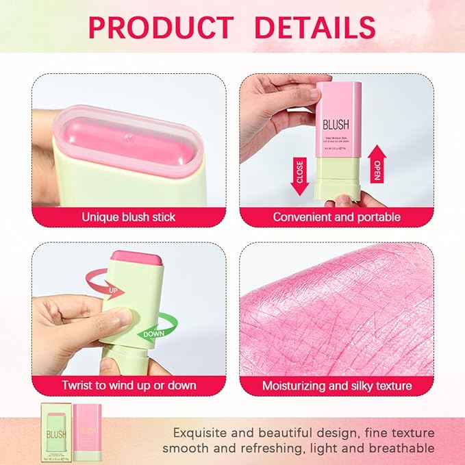 Blush Stick, Cream Blush Stick for Cheeks & Lips, Blendable Long-Lasting Multi-Use Contour Stick & Highlighter Makeup (#2 HOT RED)