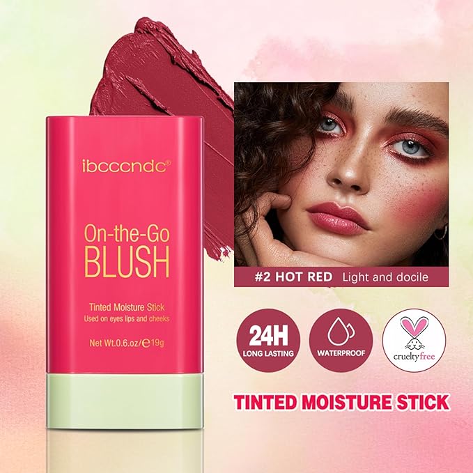 MEICOLY Multi Use Makeup Blush Stick,On-the-Go 2-in-1 Lip Cheek Cream Blush Stick,Waterproof Solid Face Blush Makeup Cheek Tint,Natural Matte Blush Stick for Cheeks,Tinted Moisture Stick,02 Hot Red