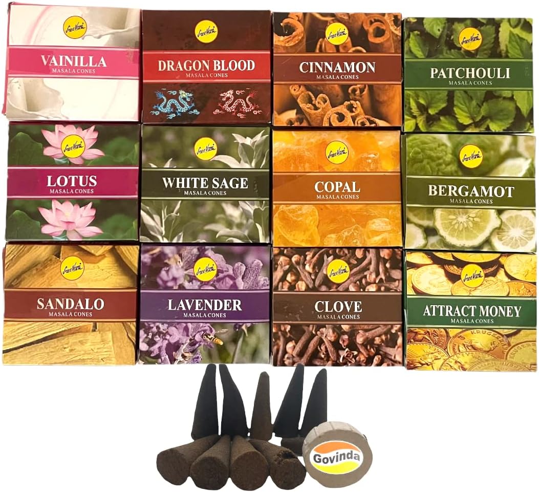 Sreevani Natural Masala Incense Cones and Holder Bundle, 120 Cones Total, Assorted #1