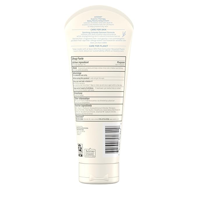 Aveeno Eczema Therapy Daily Moisturizing Body Cream for Sensitive Skin, Soothing Eczema Relief Cream, Colloidal Oatmeal & Ceramide for Dry & Itchy Skin, Steroid- & Fragrance-Free, 7.3 oz