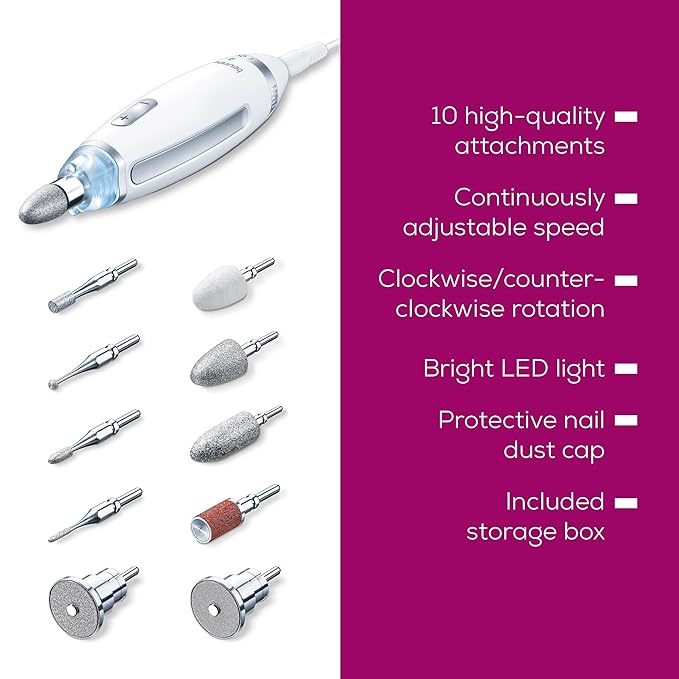 Beurer MP62 Professional Nail Drill Kit, Portable Electric File Machine with 10 Attachments & 10 Sanding Bands, Efile Dremel for Acrylic Gel Manicure and Pedicure, LED Light, with Storage Case