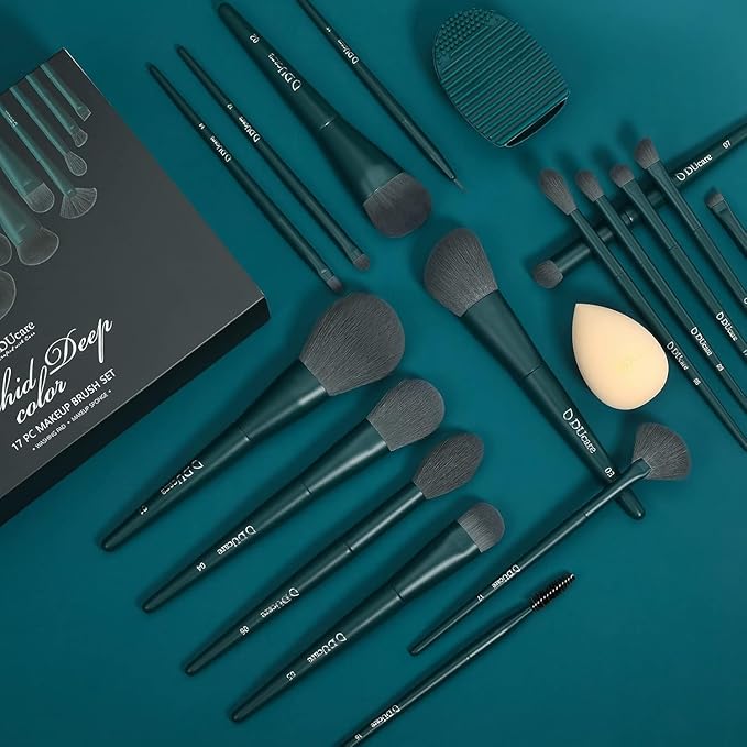 DUcare 17Pcs Professional Makeup Brush Set Complete Kit with Brush Cleaning Mat and Makeup Sponge, Ideal for Foundation, Eyeshadow, Liquid Cream, Gift Box Set