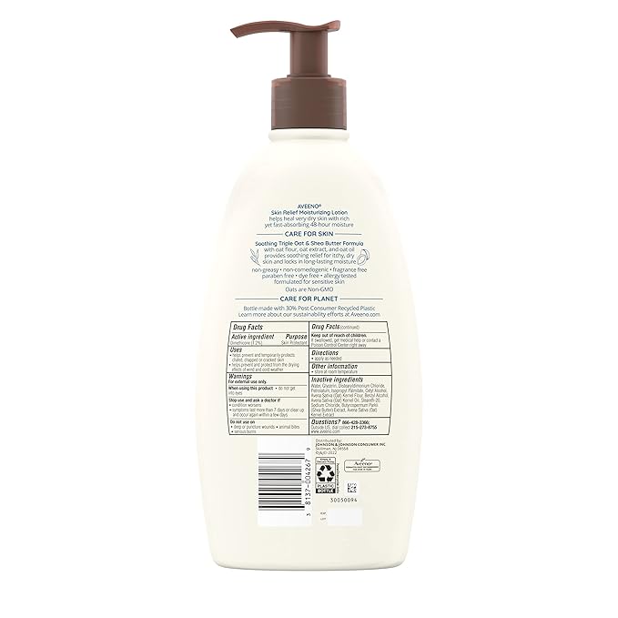 Aveeno Skin Relief Fragrance-Free Moisturizing Lotion for Sensitive Skin, with Natural Shea Butter & Triple Oat Complex, Unscented Therapeutic Body Lotion for Itchy, Extra-Dry Skin, 18 fl. oz