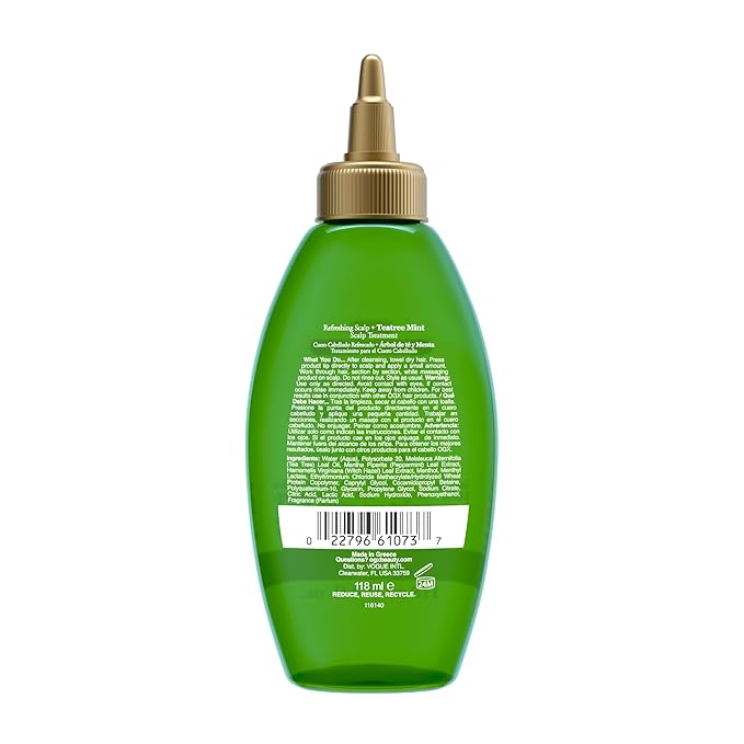 OGX Extra Strength Refreshing Scalp + Rosemary Oil Mint Dry Scalp Treatment, Peppermint & Witch Hazel Scalp Detox, Clarifying Leave-In to Help Remove Buildup and Refresh, Shiny Hair Finish, 4 fl oz