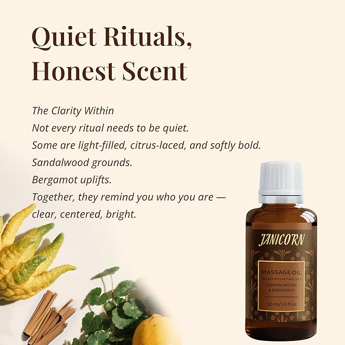 Sandalwood & Bergamot Botanical Massage Oil – Lightweight Body Oil with Jojoba & Almond – Wood & Citrus Aroma for Deep Massage, Fascia Release & Self-Care, 30ml (1.0 fl oz)