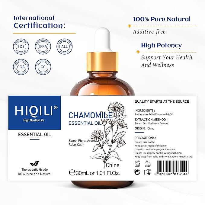 HIQILI 30ML Chamomile Essential Oil, Pure & Natural Chamomile Oil for Diffueser, Skin, Soap, Shampoo - 1.01 Fl Oz